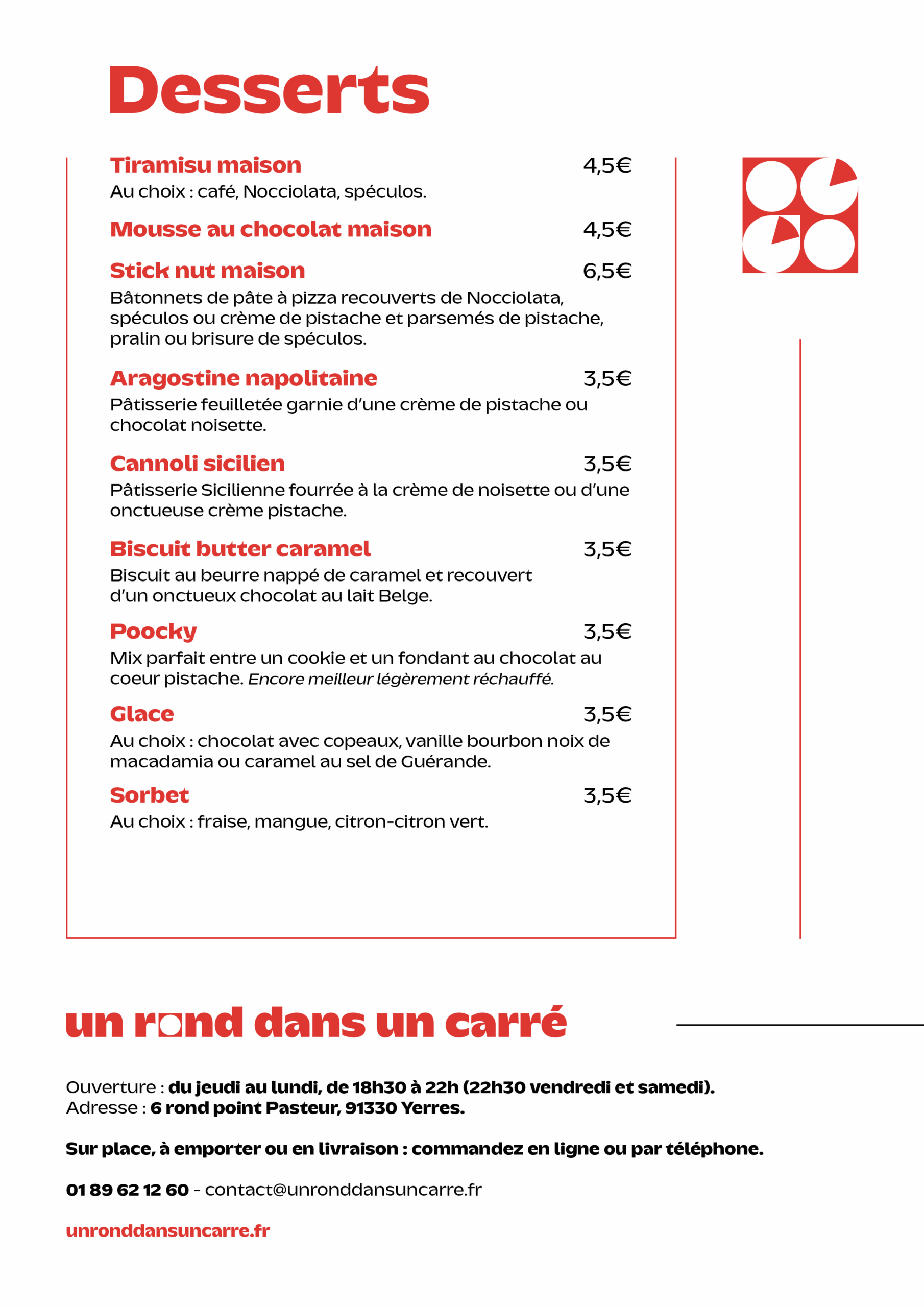 Pizza gourmet à Yerres – La carte - Un Rond dans un Carré