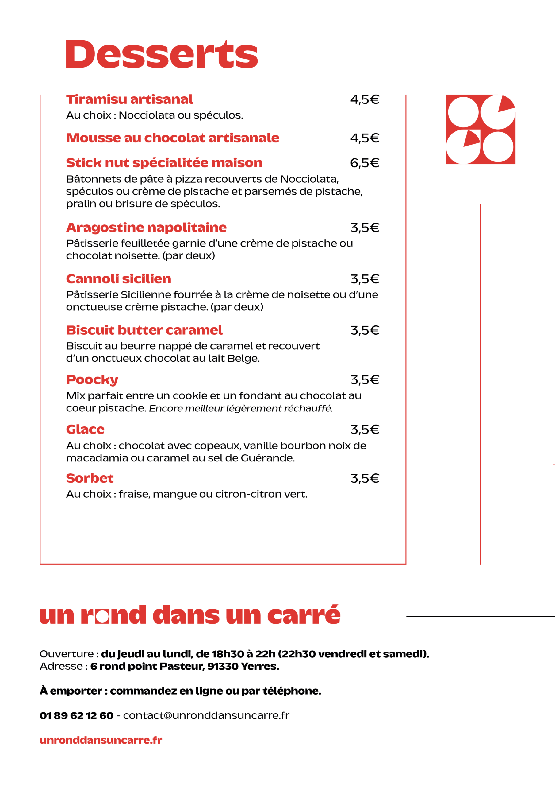 Pizza gourmet à Yerres – La carte - Un Rond dans un Carré